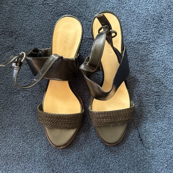 Nine West Shoes - Nine West Black Buckle Wedge Sandals with Woven Strap for Women Sz 8.5